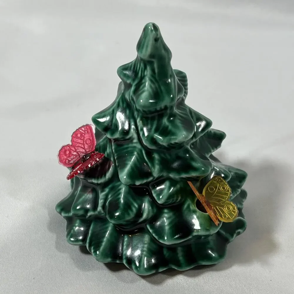 Vintage Mini Small Ceramic Tree Top Green Light Bulb Holes 4” Butterfly